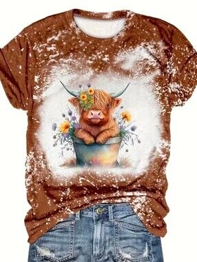 💢4For$20 Women's Brown Highland Cow/YakGraphic Tee Floral Accents Size 3XL